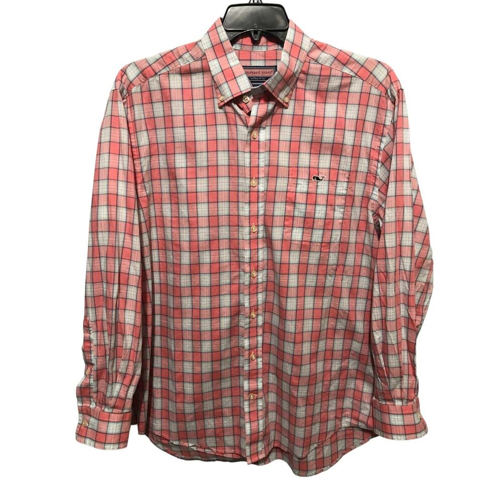 Vineyard Vines Men's Large Plaid Button Up Tucker Shirt Pink White Long Sleeve